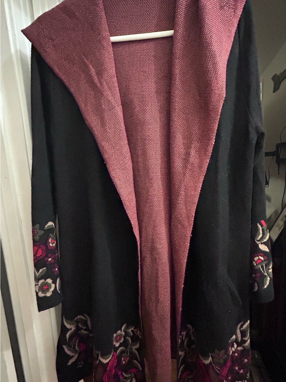 Reversible Hooded Cardigan Sweater in Black and Wine